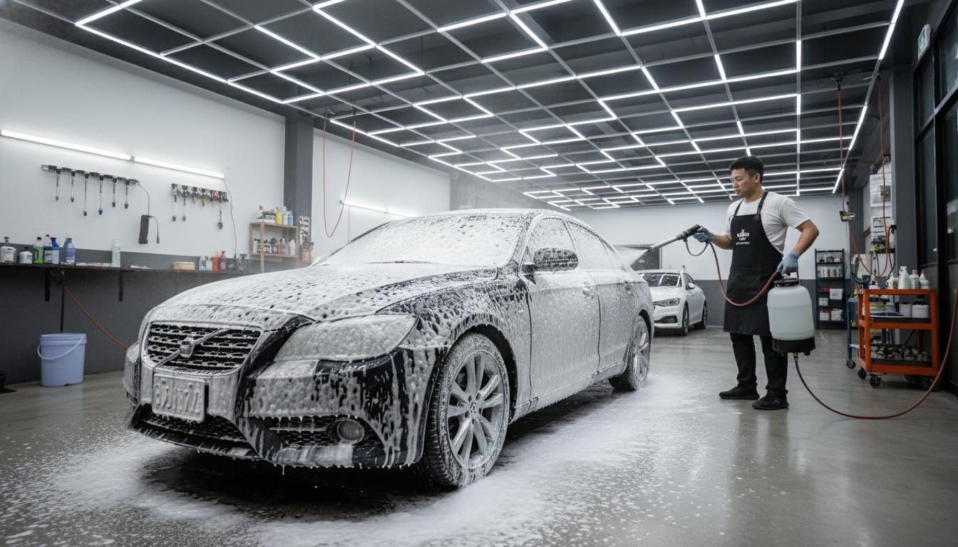 技師使用泡沫槍為全車覆蓋泡沫
