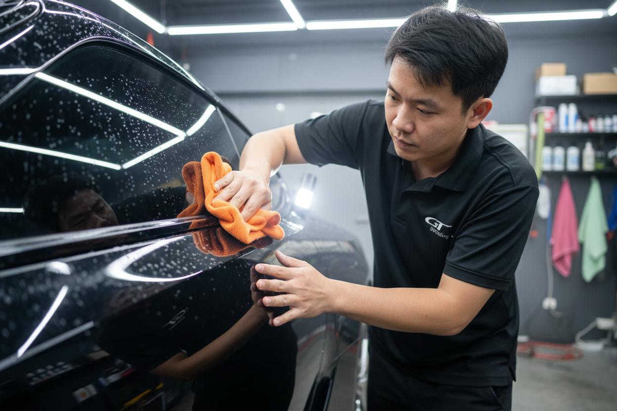 技師用纖維布擦拭車門檢查水痕