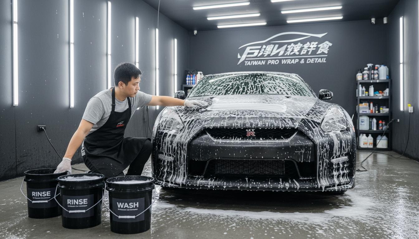 技師使用柔軟手套清洗包膜車