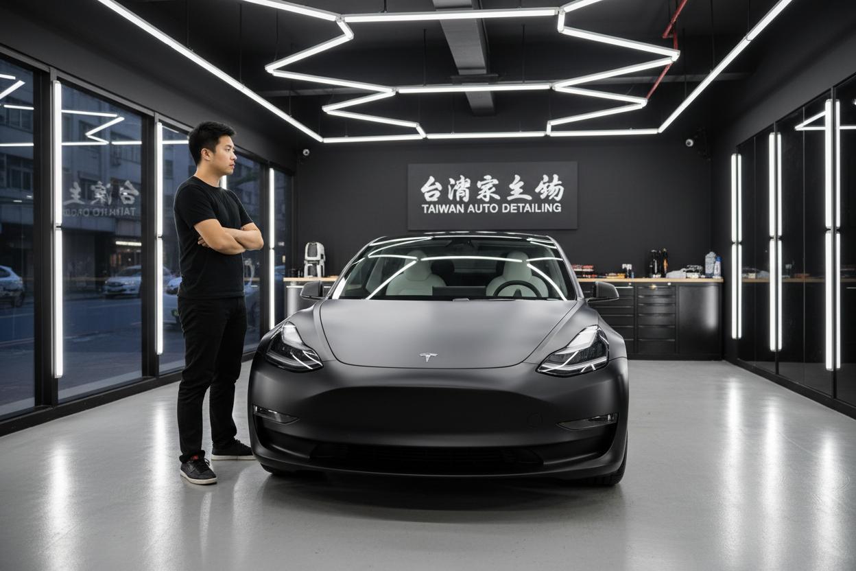 技師檢查消光黑Tesla包膜成果